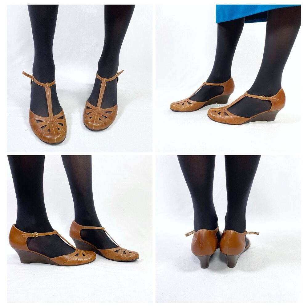 Naturalizer Brown Distressed Leather Wedges Boho T-Strap Sandals sz 10 - Picture 4 of 11